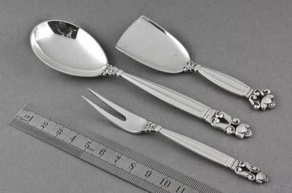 Georg Jensen Sterling Silver Acorn Pattern Set (3) - Sugar Shovel, Jam Spoon, Cold Cut Fork